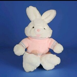 Vintage Bunny Rabbit Big White EASTER Pink Sweater Spring Plush LIMITED TOY EUC